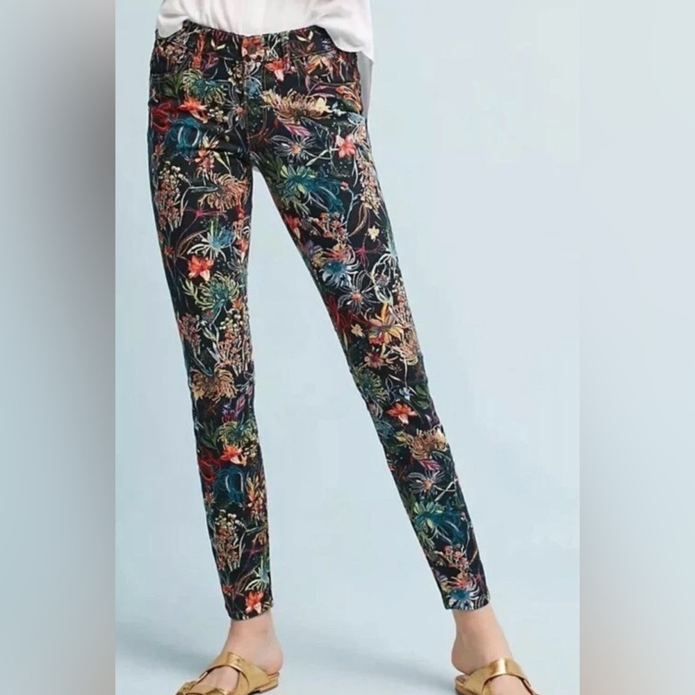 Pilcro & the Letterpress Anthropologie Mid-Rise Ankle Blk Dnm Tropical Floral